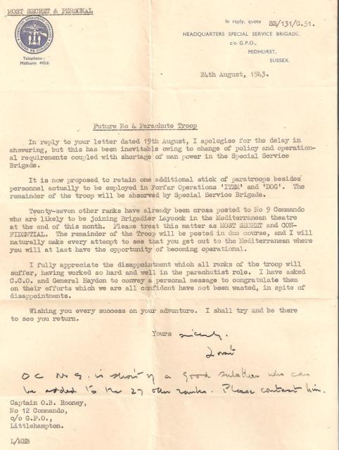 Letter from Lord Lovat to Captain Rooney re the future of 12 Commando