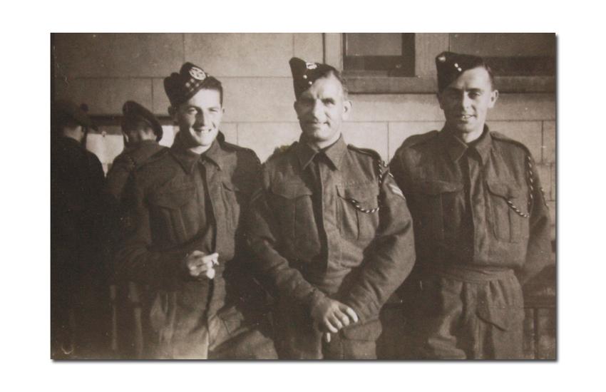 Ken McAllister, 'Dabba' Jones, Pete Morland, No.2 Commando HQ. Ayr, 1942.