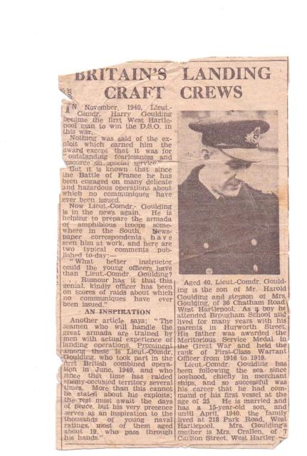 Newspaper article and photo about Lieut. Cmdr. Harold Goulding DSO RNR