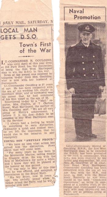 Newspaper reports about Commander Goulding DSO RNR