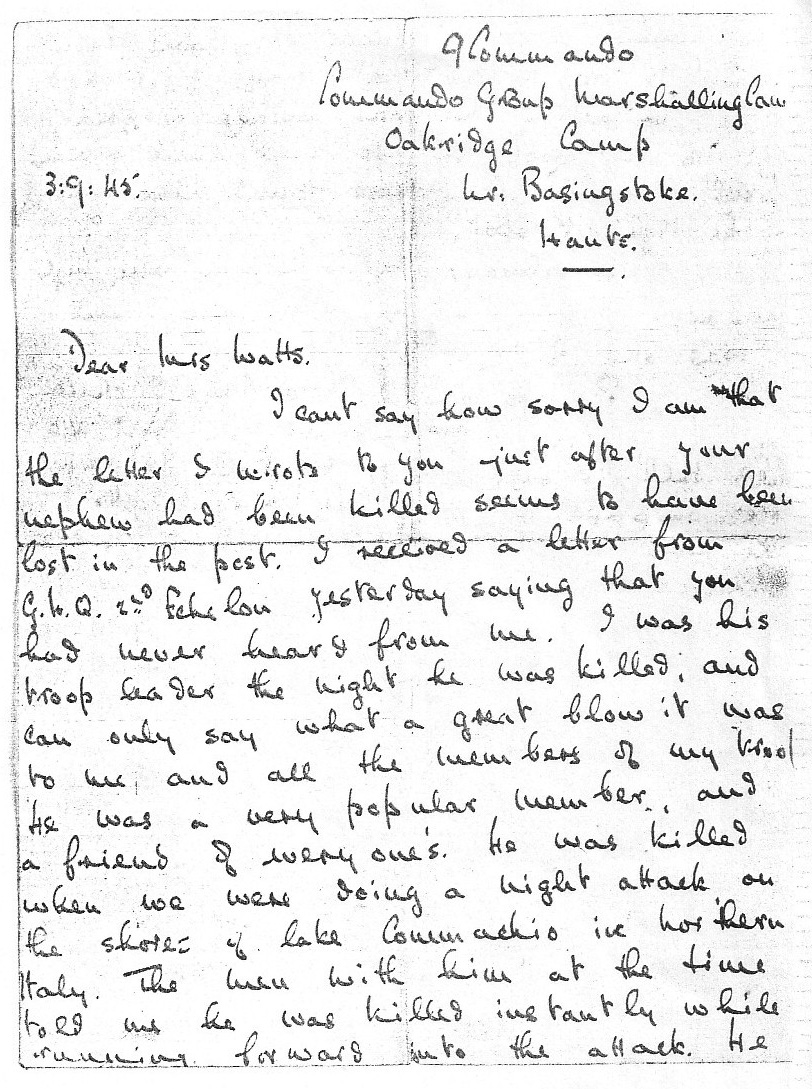 Letter (p1) to the mother of Albert Watts No. 9 Cdo.