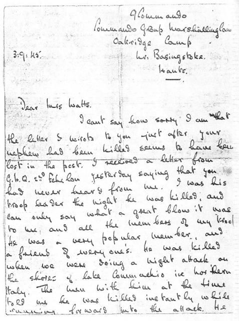 Letter (p1) to the mother of Albert Watts No. 9 Cdo.