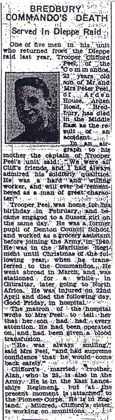 Gunner Clifford Peel No.3 Commando died on active service 23/4/1943
