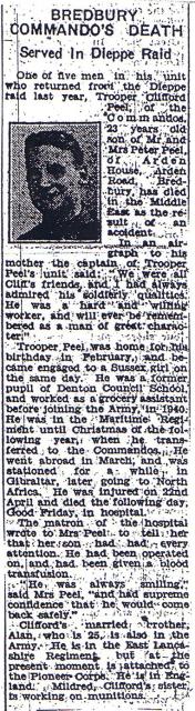 Gunner Clifford Peel No.3 Commando died on active service 23/4/1943