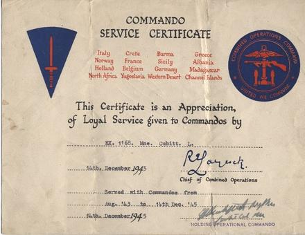 Commando Service Certificate for Mne. Leonard Cubitt