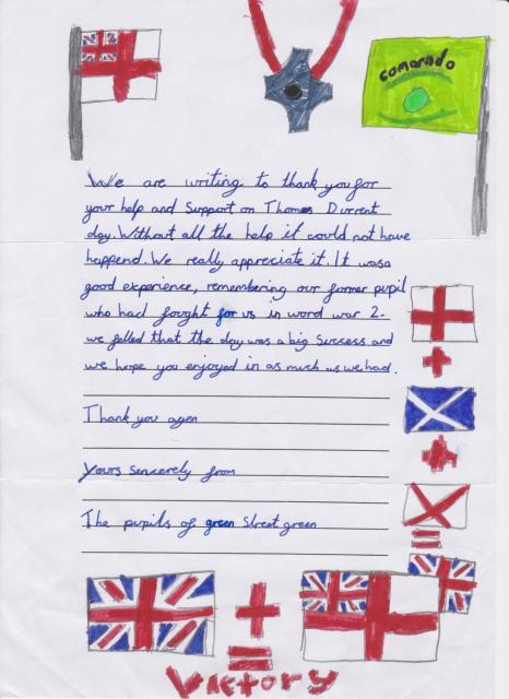 Letter of thanks from pupils after the event for Tom Durrant VC