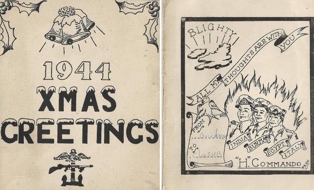 H Party Christmas Card, 1944. (outer and inner faces)