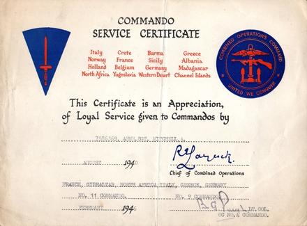 Commando Service Certificate for Armourer Sgt. Alan Mitchell