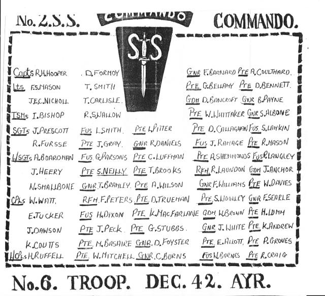 Nominal Roll for No.2 Commando 6 troop, Ayr, Dec'42