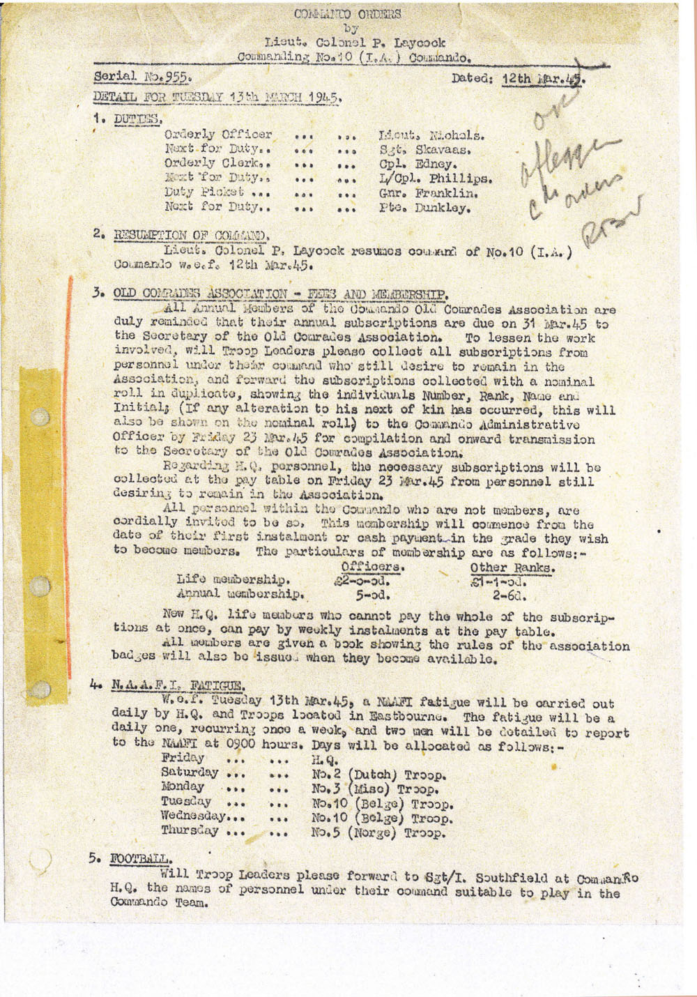 No.10IA Commando Orders by Lt. Col. Laycock - 12 March 1945