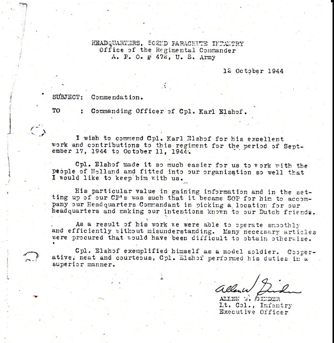 Letter of commendation for Sgt Karel Elshof 10IA Cdo 2 'Dutch' troop
