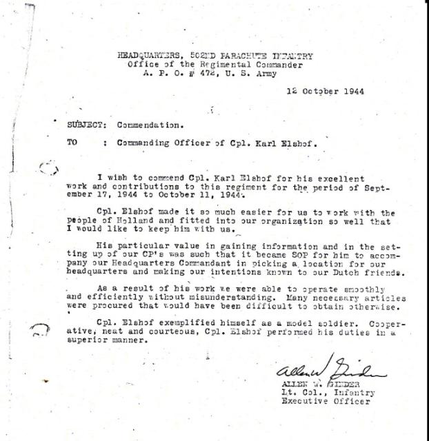 Letter of commendation for Sgt Karel Elshof 10IA Cdo 2 'Dutch' troop