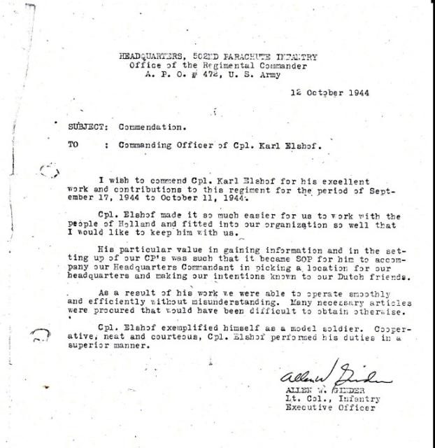 Commendation for Sgt Karel Elshof , No.10 (IA) Cdo., 2 'Dutch' troop