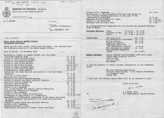 Service Record for Major Henry Walter 'Bill' Wright