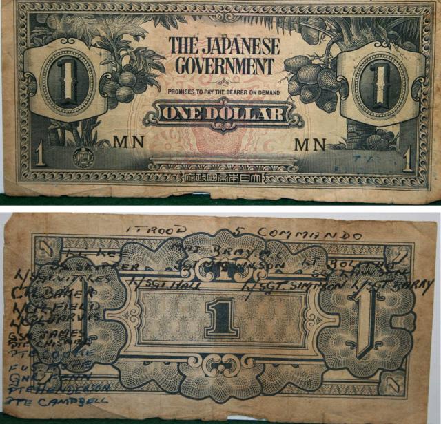 Japanese banknote signed by some of 1 troop No.5 Commando