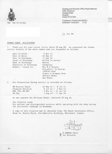 Service record of Marine Thomas Vardy MM, 46RM Commando