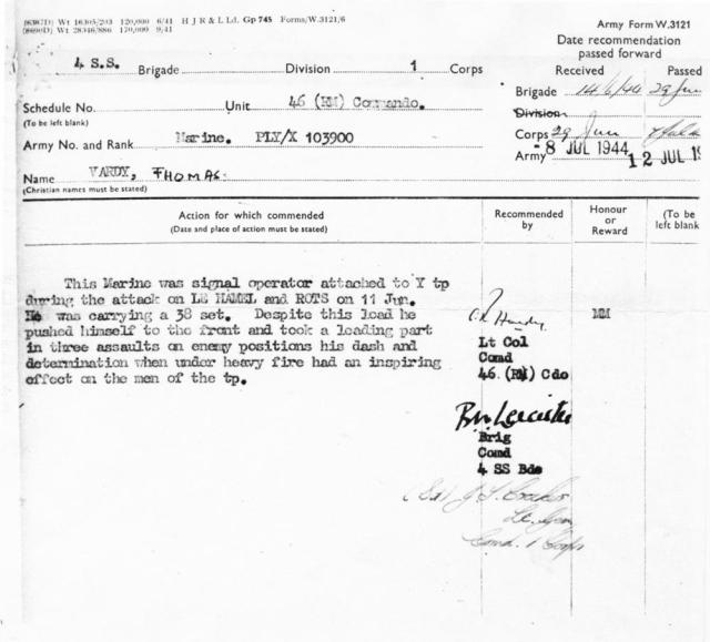 Marine Thomas Vardy's recommendation for the Military Medal