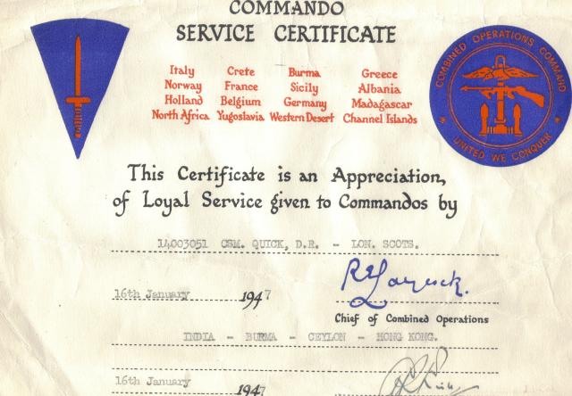 Commando Service Certificate for Derek Quick
