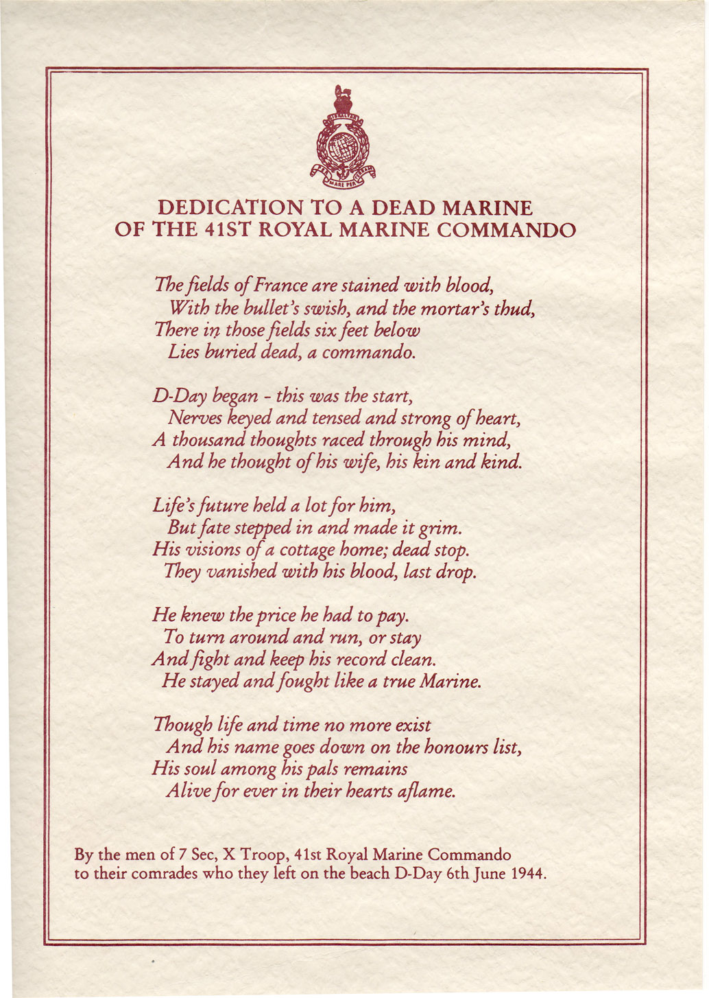Dedication to a Dead Marine of the 41 Royal Marine Commando