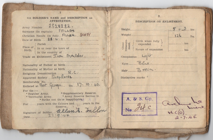 Soldier's Service Book for Pte Fallon No.5 Commando (1)