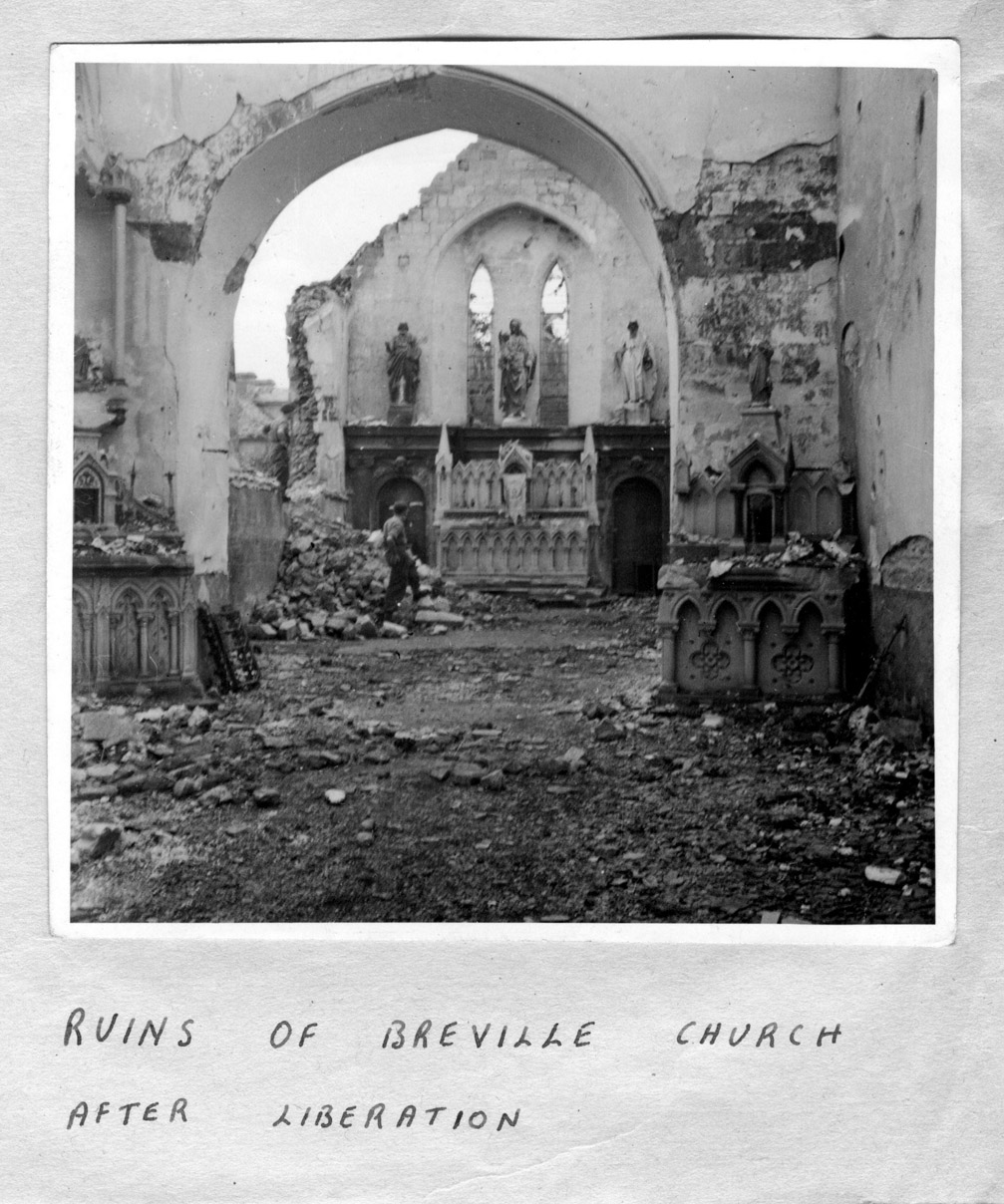 Ruins of Breville Church after liberation August 1944