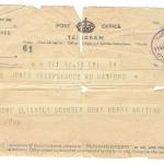 Telegram home from Pte Lewis Jones (No.4 Cdo) after being wounded in Normandy