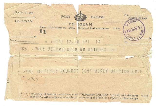 Telegram home from Pte Lewis Jones after being wounded in Normandy