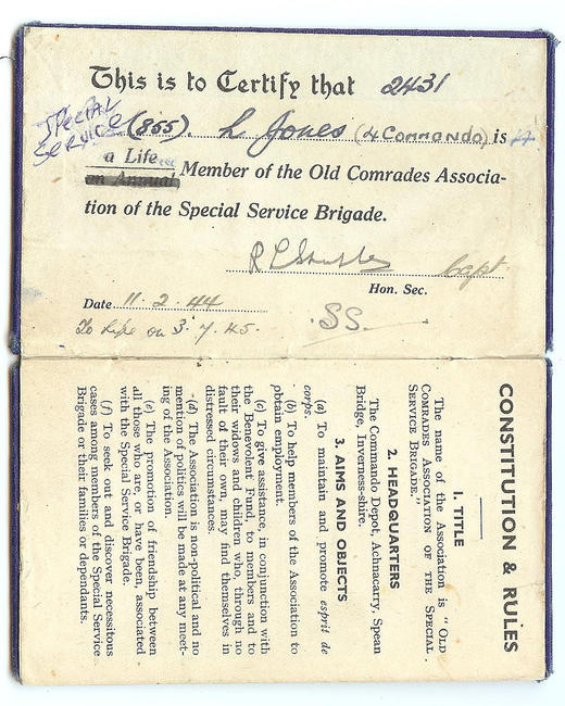 Life Membership of the Old Comrades Association for Lewis Jones No.4 Cdo