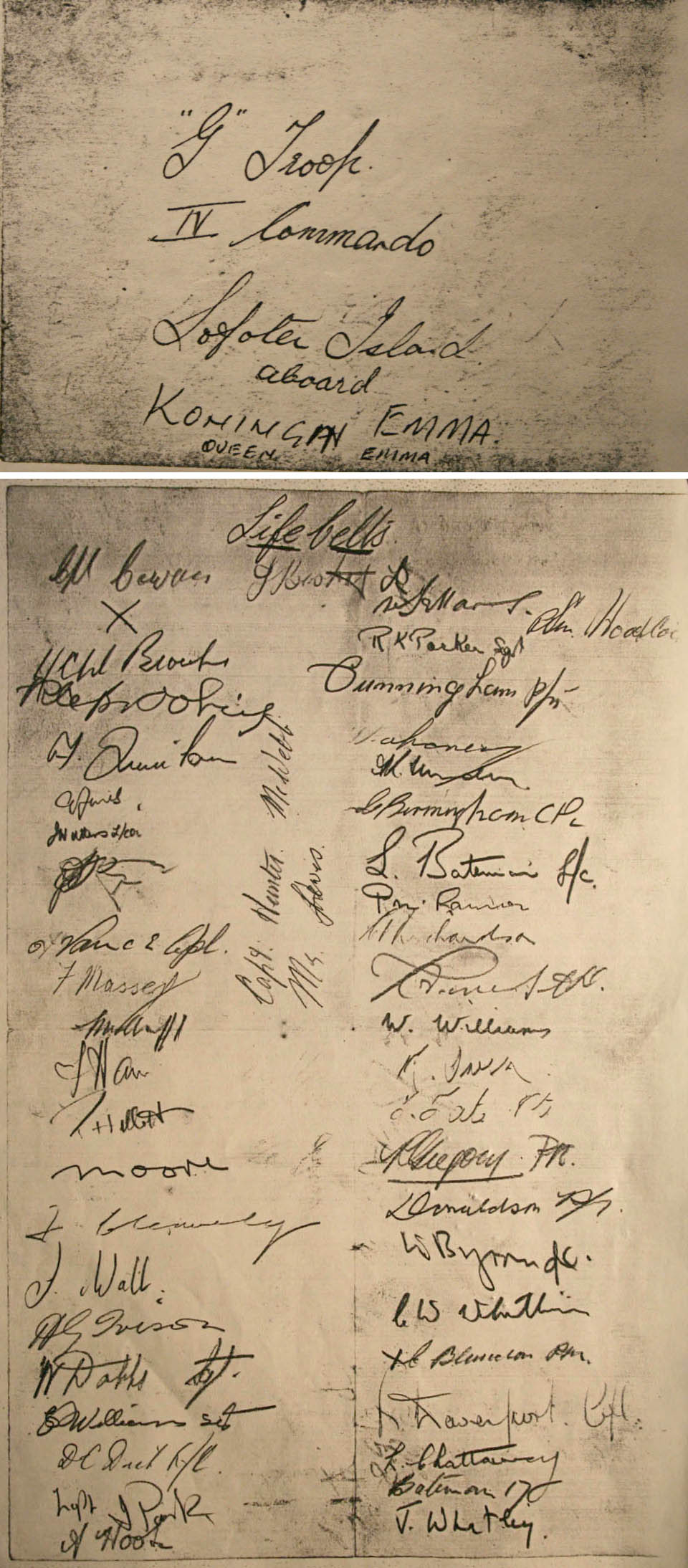 Signatures of 'G' troop No.4 Cdo. on board the Queen Emma
