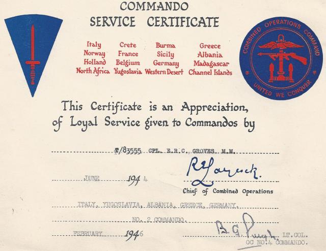 Commando Service Certificate for LCpl. Eric Groves MM
