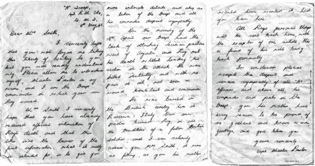 A letter to the mother of Cpl. Roy Montague Smith after his death written by Capt. Preston