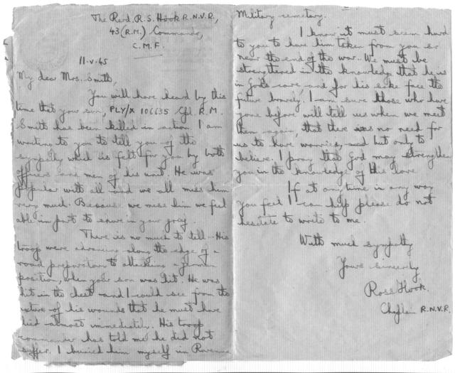 A letter to the mother of Cpl. Roy Montague Smith after his death written by Revd. Hook, Padre 43RM Cdo.