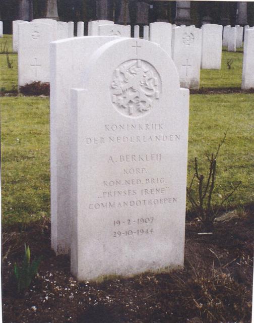 Corporal A. Berkley, No.10(IA) Cdo., 2 (Dutch) troop,  Municipal Cemetery of Brussels.