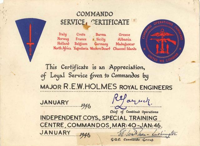 Commando Service Certificate for Major Holmes RE