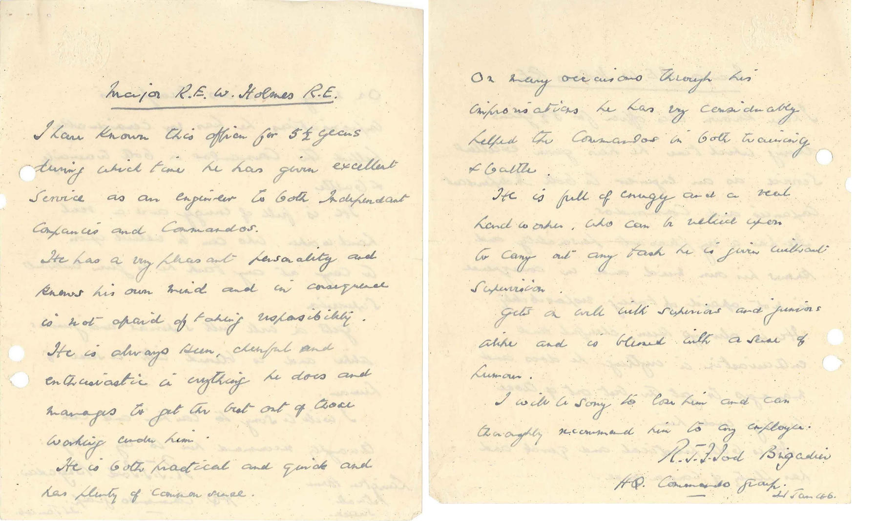 Letter of reference for Major Holmes from from Brigadier Tod