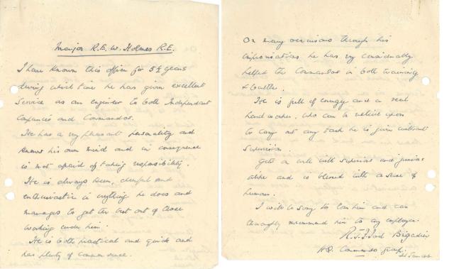 Letter of reference for Major Holmes from from Brigadier Tod