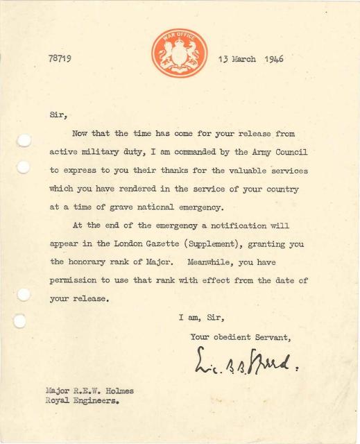Letter re honorary rank of Major