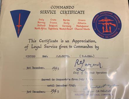 Commando Service Certificate for Gnr. John Henry Smith No.1 Cdo.