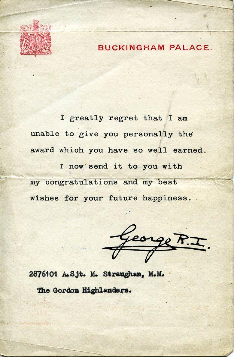 Letter from the King to A/Sgt. Joseph Malcolm Straughan MM