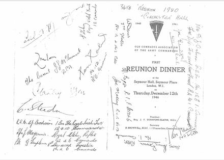 Old Comrades Association reunion dinner 12 Dec.1946 signed 40 years later