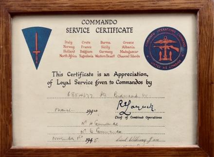 Commando Service Certificate for LCpl William Hubert 'Bill' Bidmead