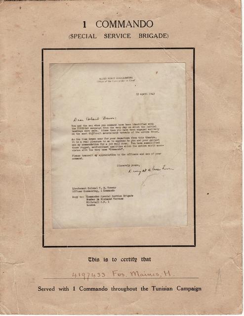 Hugh Maines, No.1 Commando, Operation Torch Certificate.