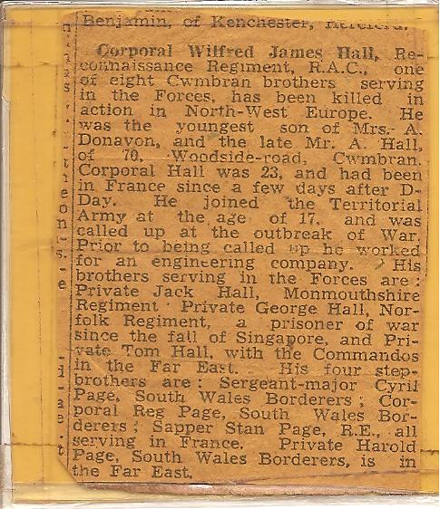 Newspaper report on the death of Wifred Hall, brother of Tom Hall (No.1 Cdo)