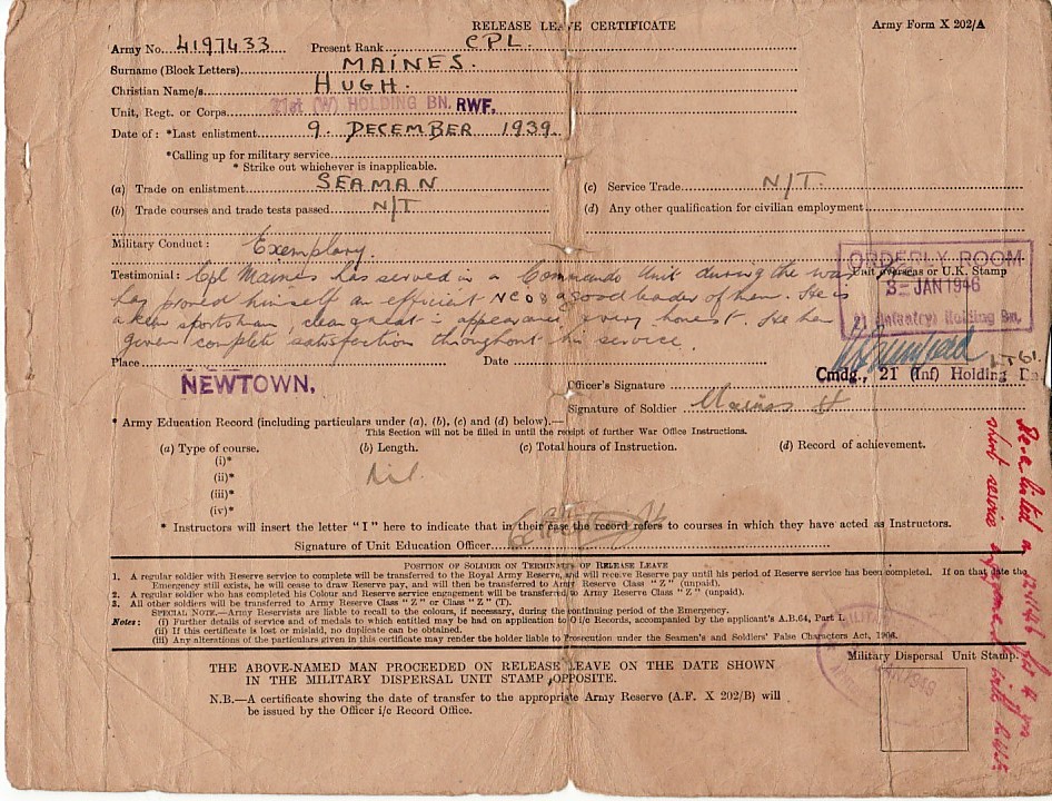 Release Leave Certificate-Hugh Maines-Jan 1946.