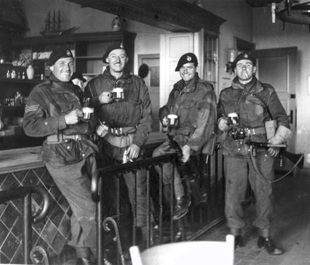 Sgt 'Nutty' Edwards (left), Cpl Fred Farrington (3rd from left) 30AU at Buxtehude