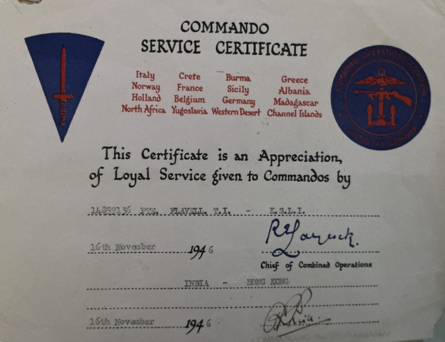 Commando Service Certificate for Pte Tom Flavell