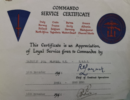Commando Service Certificate for Pte Tom Flavell