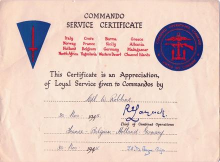 Commando Service Certificate of Cpl. Wilfred Robbins, No.3 Commando