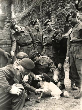 Fred Gamester No.3 Cdo. 2 troop (Heavy Weapons) and others with the troop mascot Spotty