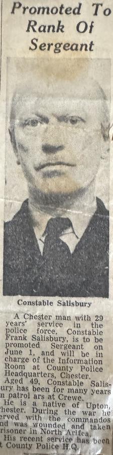 Newspaper report about Police Sgt. Frank Salisbury (formerly No.6 Cdo)